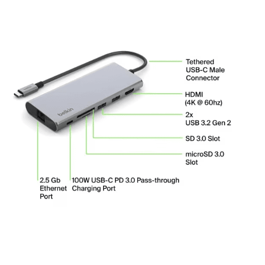 Adaptador HUB multipuerto USB-C 7 en 1 Belkin USB-A USB-C HDMI Lector MicroSD, Belkin