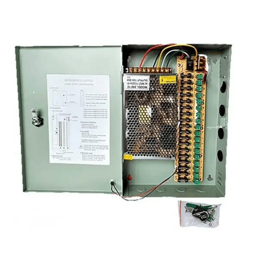 Fuente de poder ZKTeco 9CH: 9 salidas de 12V DC, 20A totales, 2.2A por canal, protec. sobrecarga