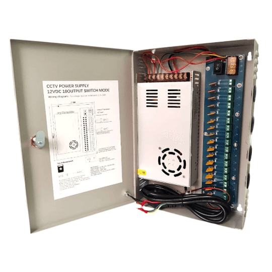 Fuente de Poder con Gabinete ZKTeco de 12 volt 30 amperes con 18 canales de conexión