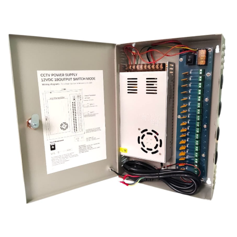 Fuente de Poder con Gabinete ZKTeco de 12 volt 30 amperes con 18 canales de conexión 1