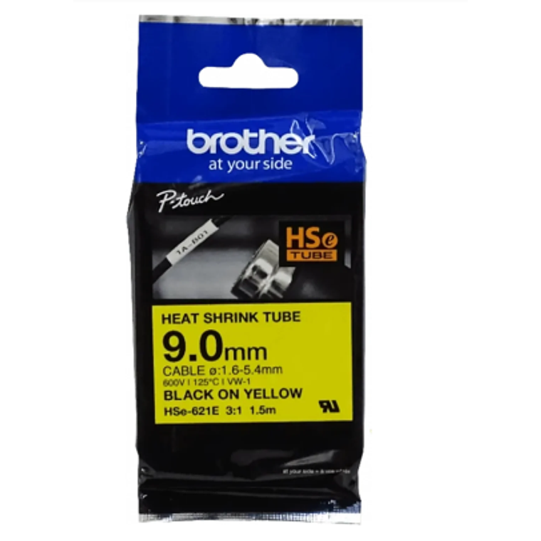 Cinta Brother 9,0mm Am Termo retráctil 1,6-5,4mm Negro en Amarillo de 1,5mt 1