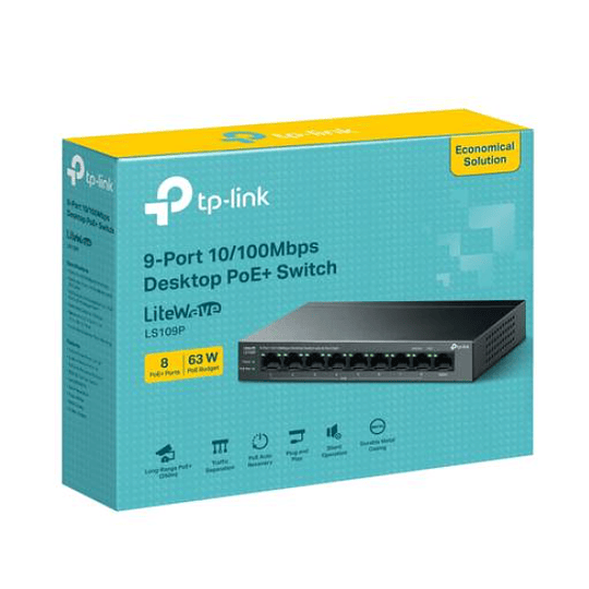 Switch de sobremesa de 9 puertos a 10/100 Mbps con 8 puertos PoE+