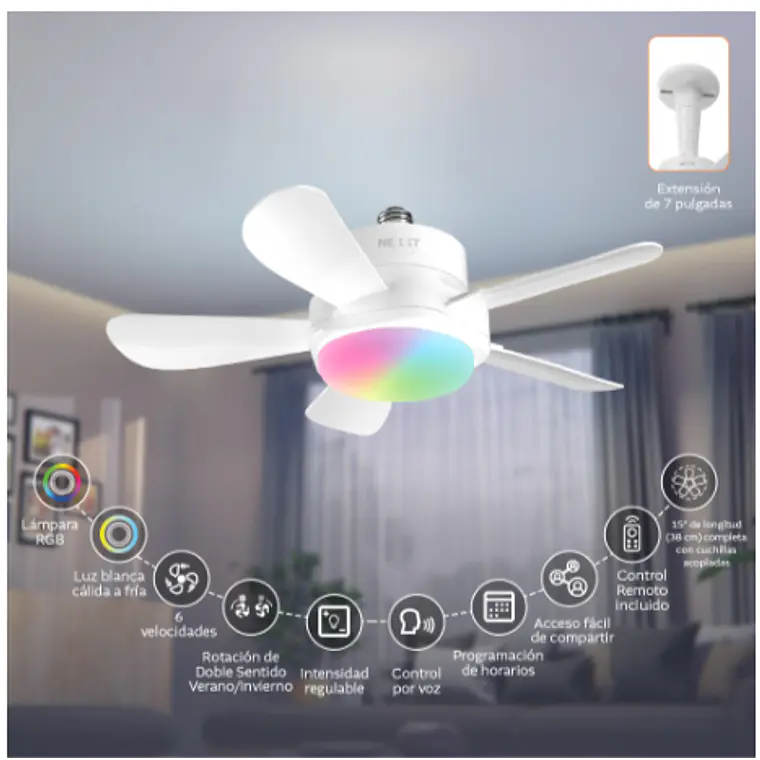 Ventilador de Techo Inteligente 2 en 1, LED RGB, Wi-Fi, Alexa, Google, Siri 2