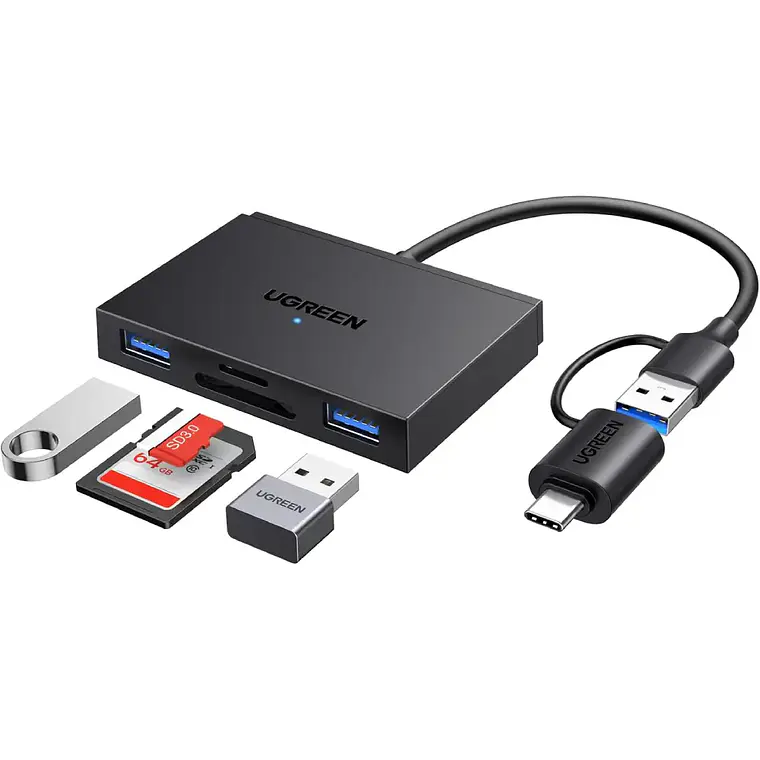 Lector de tarjetas Ugreen 1xSD + 1xTF +  2 SlotUSB-A 3.0. Conexión USB-C o USB-A 1