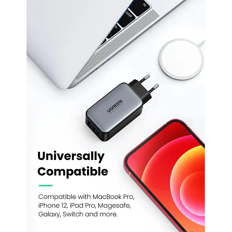 Cargador Rápido UGREEN 65W GaN Tech. 2 puertos USB-C. 1 puertos USB-A 2