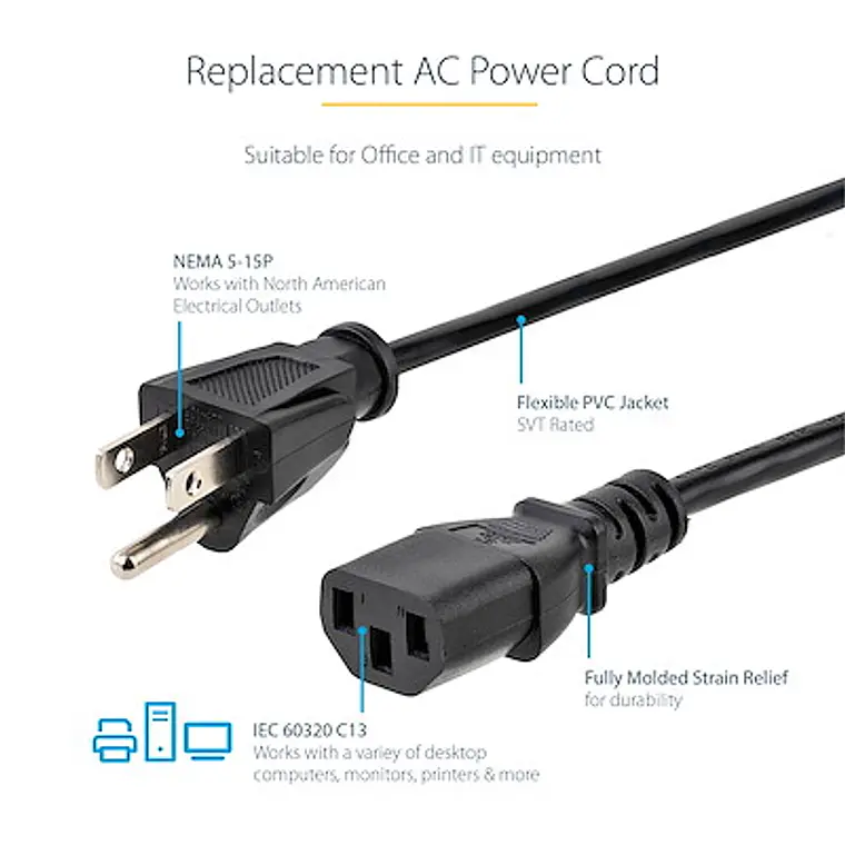 Cable de Alimentación 1,8m NEMA 5-15P a C13 10A 125V PXT101 4