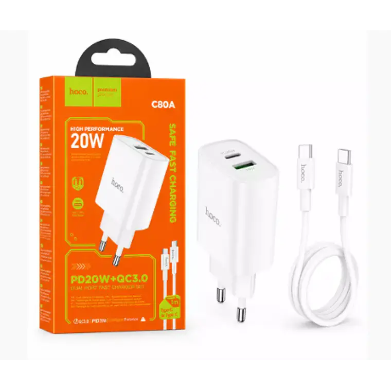 Cargador de Pared Rápido HOCO C80A 20W con Cable USB-C a USB-C Incluido 2