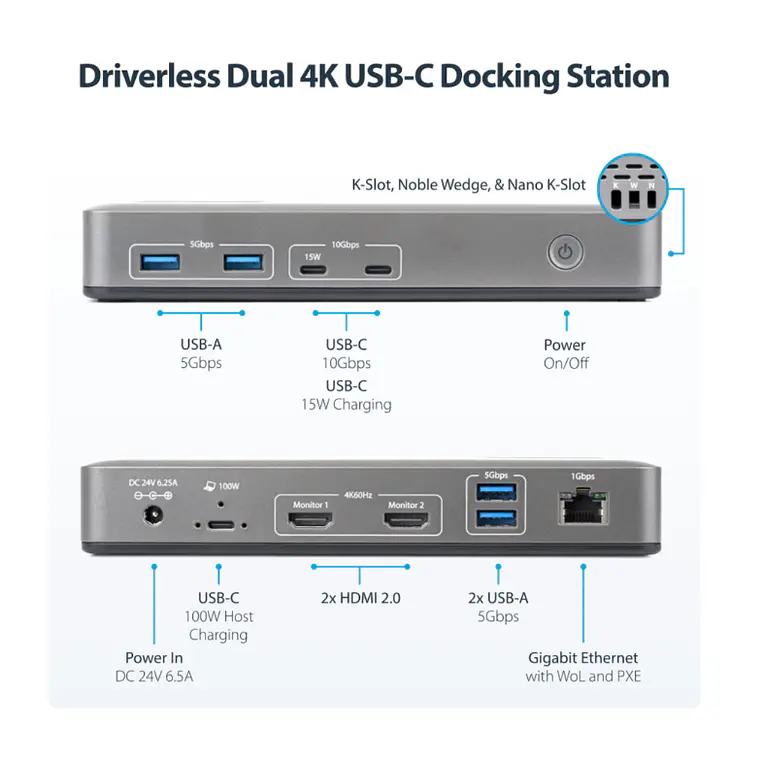 Estación de Acoplamiento USB-C StarTech.com Doble Monitor 4K 60Hz HDMI 100W 2