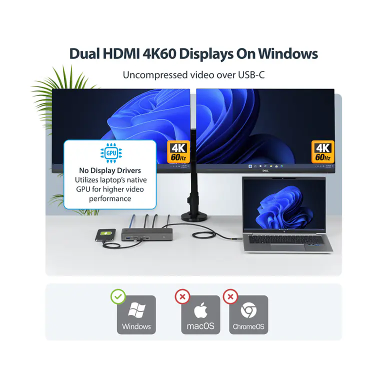 Estación de Acoplamiento USB-C StarTech.com Doble Monitor 4K 60Hz HDMI 100W 3