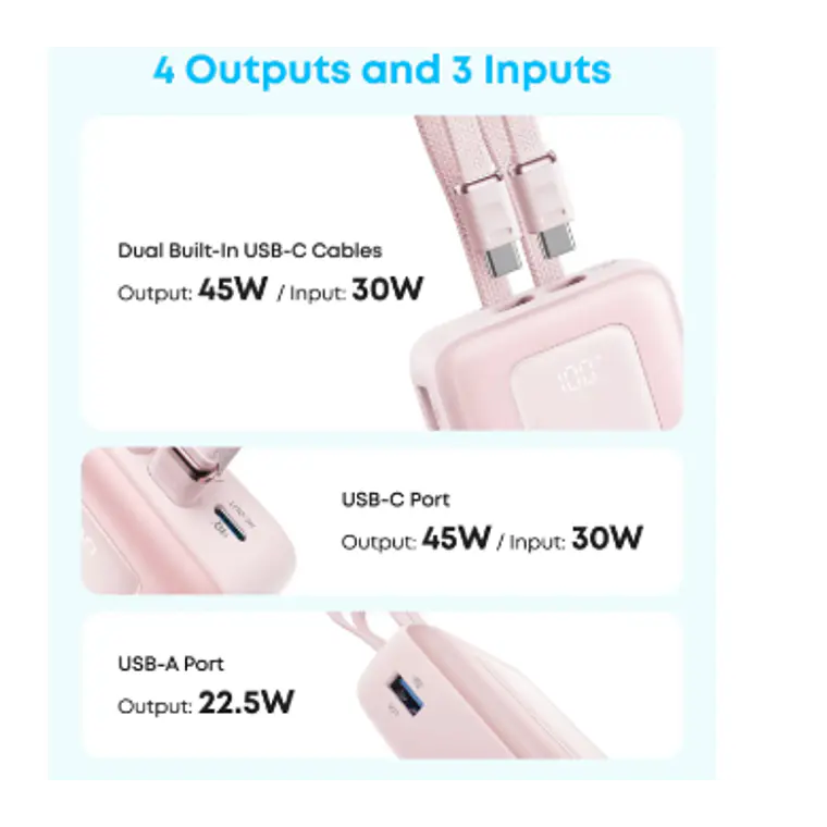 Batería externa Anker Zolo 20.000 mAh 45W con 2 Cables USB-C Integrados Pantalla Digital  3