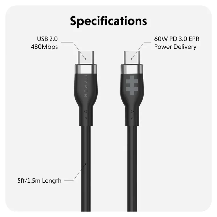 Cable de Carga Silicona USB-C a USB-C HyperJuice 60W PD 3.0 (1,5m) 2
