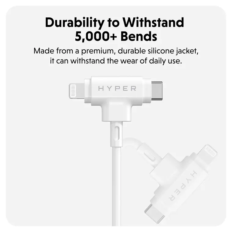 Cable Híbrido Silicona HyperJuice USB-C y Lightning 60W 1.5m Blanco 3