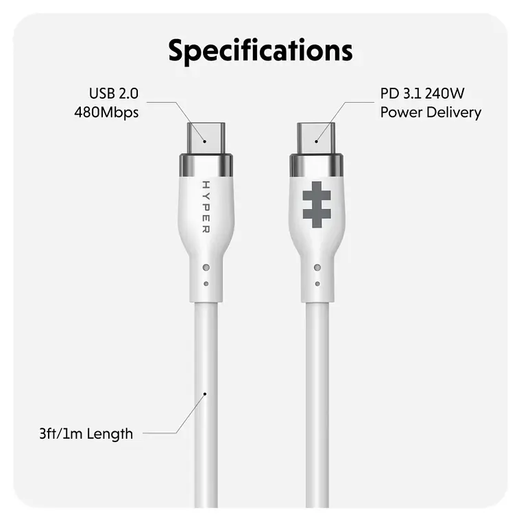 Cable Silicona HyperJuice USB-C a USB-C 240W 1m Blanco 2