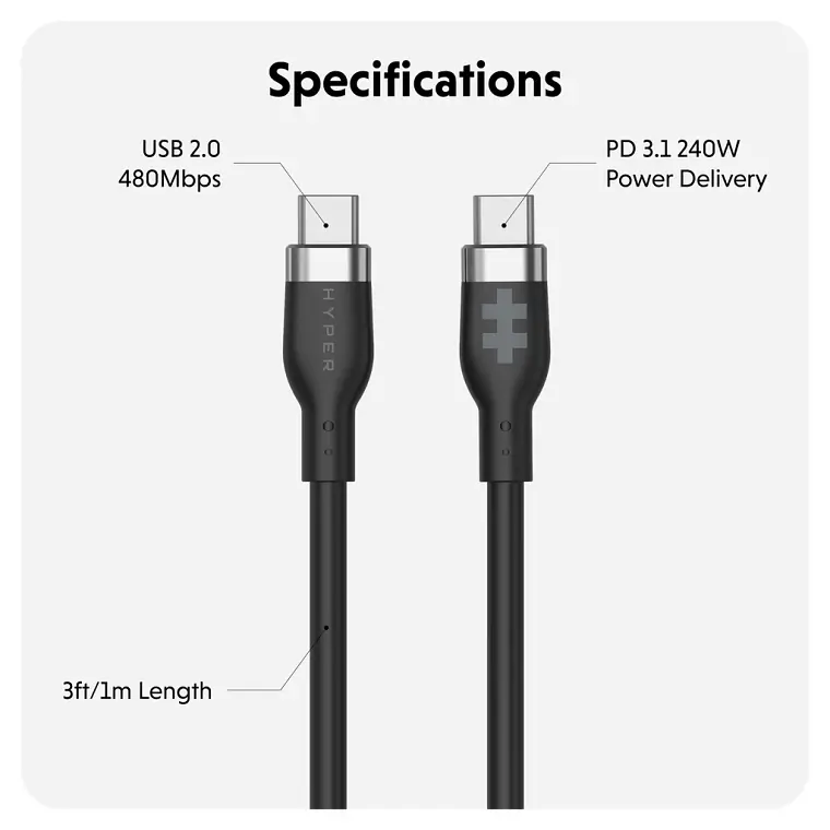 Cable Silicona HyperJuice USB-C a USB-C 240W 1m Negro 3