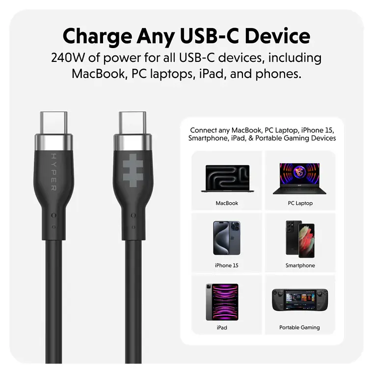 Cable Silicona HyperJuice USB-C a USB-C 240W 1m Negro 2