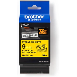 Cinta Rotuladora Brother TZe-S621 Súper Adhesiva Negro sobre Amarillo 9mm x 8m