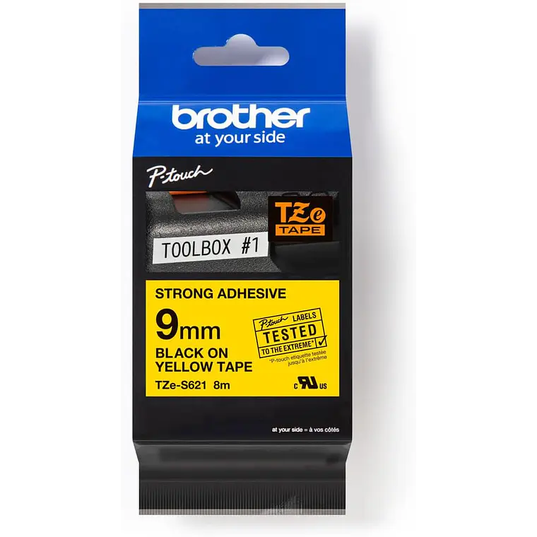 Cinta Rotuladora Brother TZe-S621 Súper Adhesiva Negro sobre Amarillo 9mm x 8m 1