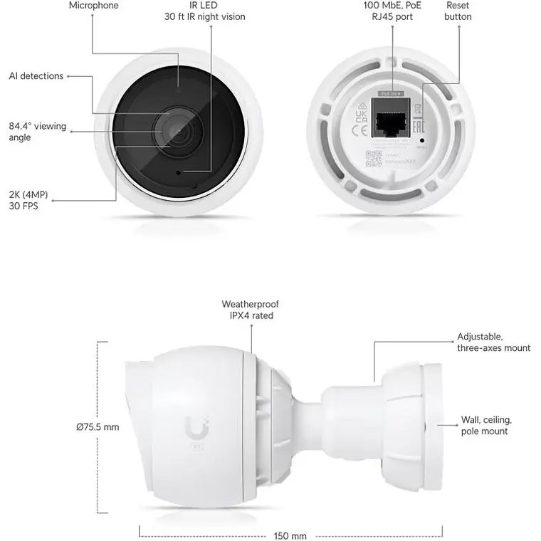 Cámara de Vigilancia 4MP IP Bullet Ubiquiti UniFi Protect G5 Bullet 2K PoE IPX4 IK04 (UVC-G5-Bullet) 3