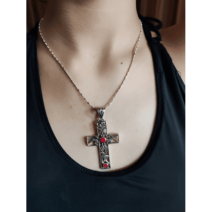 Collar Colgante Cruz Coral Rojo Plata Bali 1