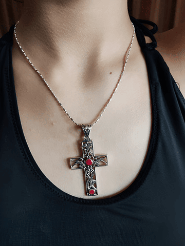 Collar Colgante Cruz Coral Rojo Plata Bali