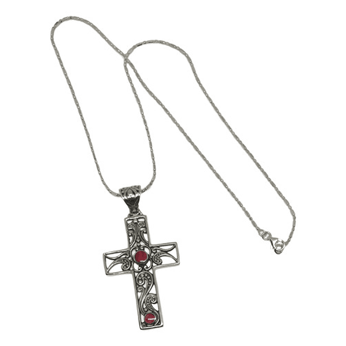 Collar Colgante Cruz Coral Rojo Plata Bali 2