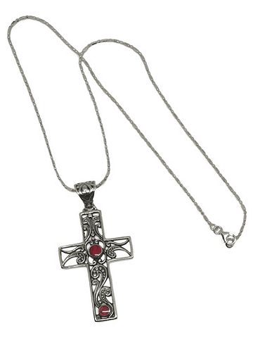 Collar Colgante Cruz Coral Rojo Plata Bali