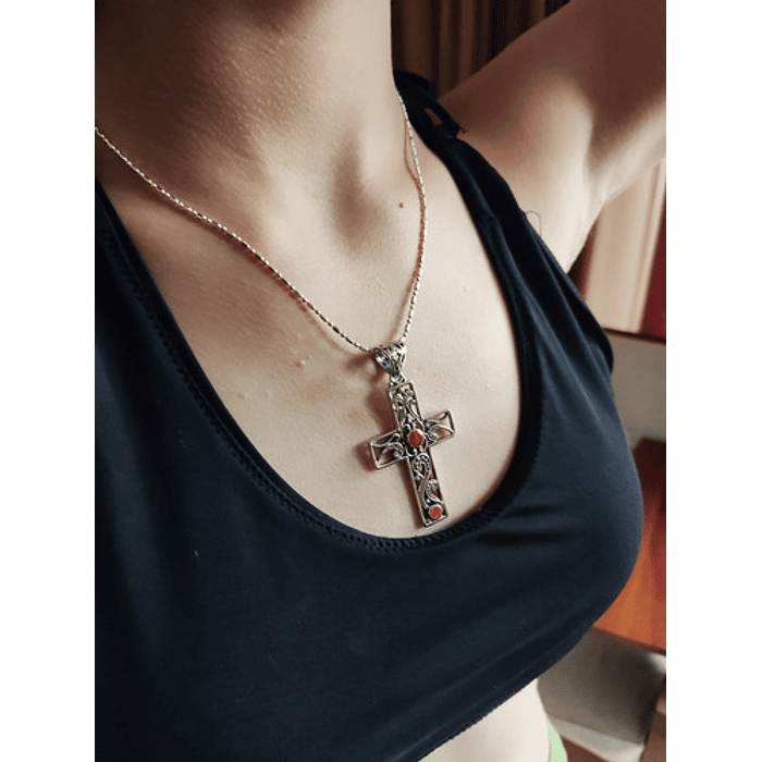 Collar Colgante Cruz Coral Rojo Plata Bali 3