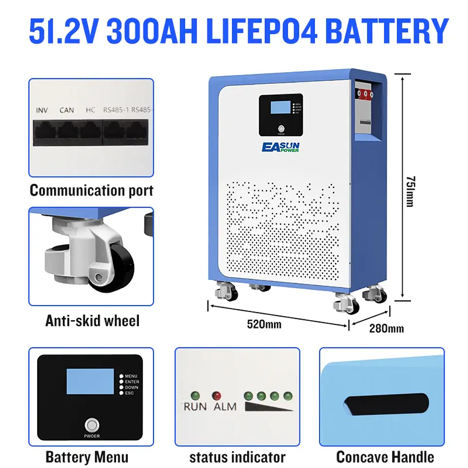 EASUN 300AH 200AH 100AH LiFePO4 Battery15KWH Lithium Battery 6000+ Cycles BMS Bluetooth Support in Series/Paral EU STOCK 2