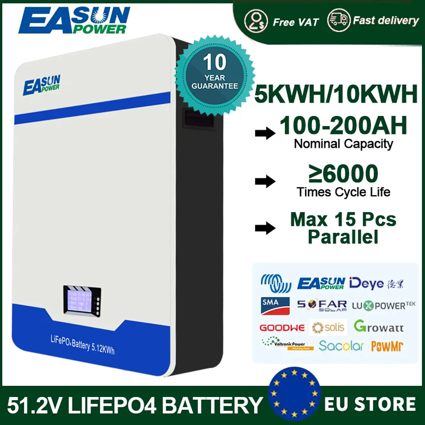 EASUN 300AH 200AH 100AH LiFePO4 Battery15KWH Lithium Battery 6000+ Cycles BMS Bluetooth Support in Series/Paral EU STOCK 7