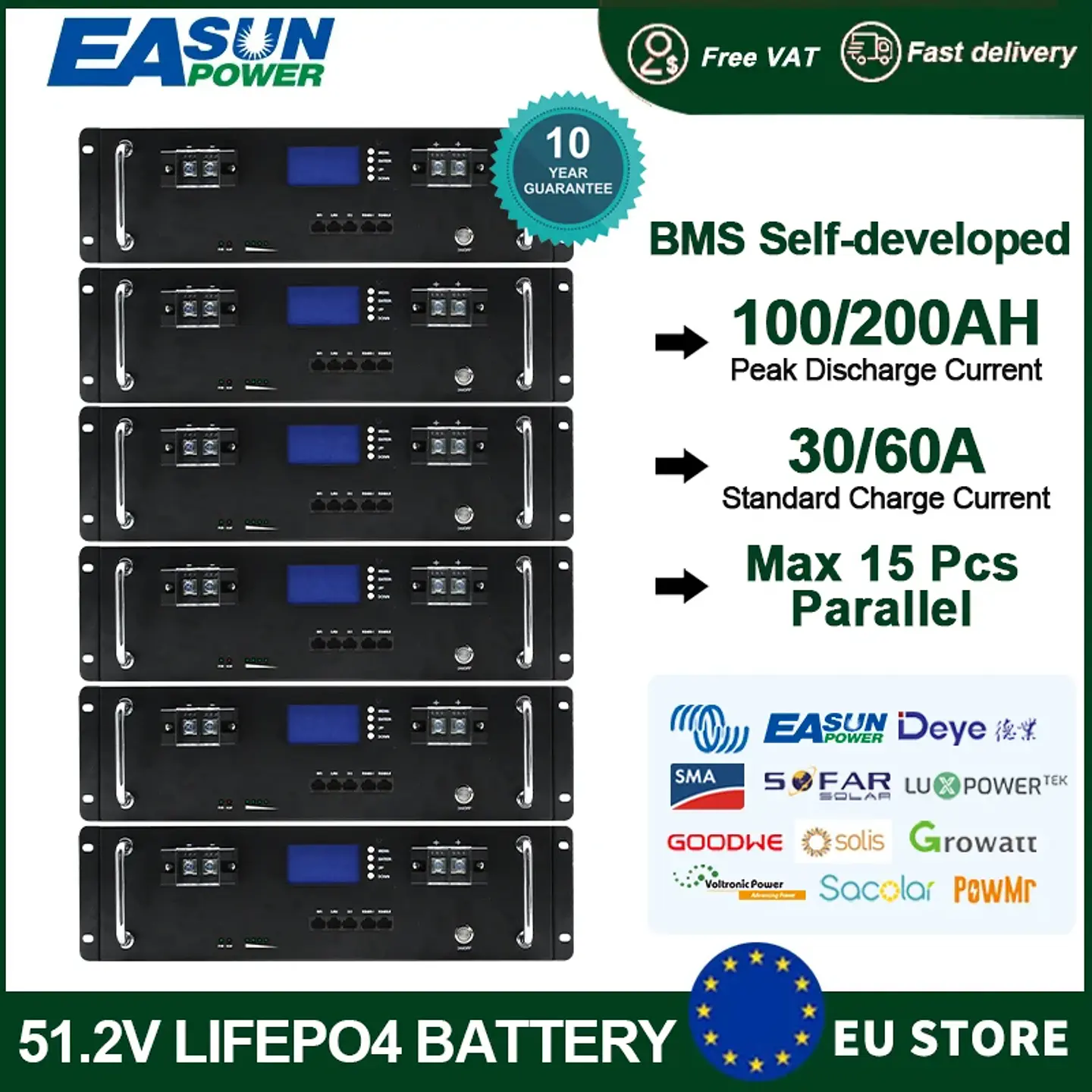EASUN 300AH 200AH 100AH LiFePO4 Battery15KWH Lithium Battery 6000+ Cycles BMS Bluetooth Support in Series/Paral EU STOCK 8