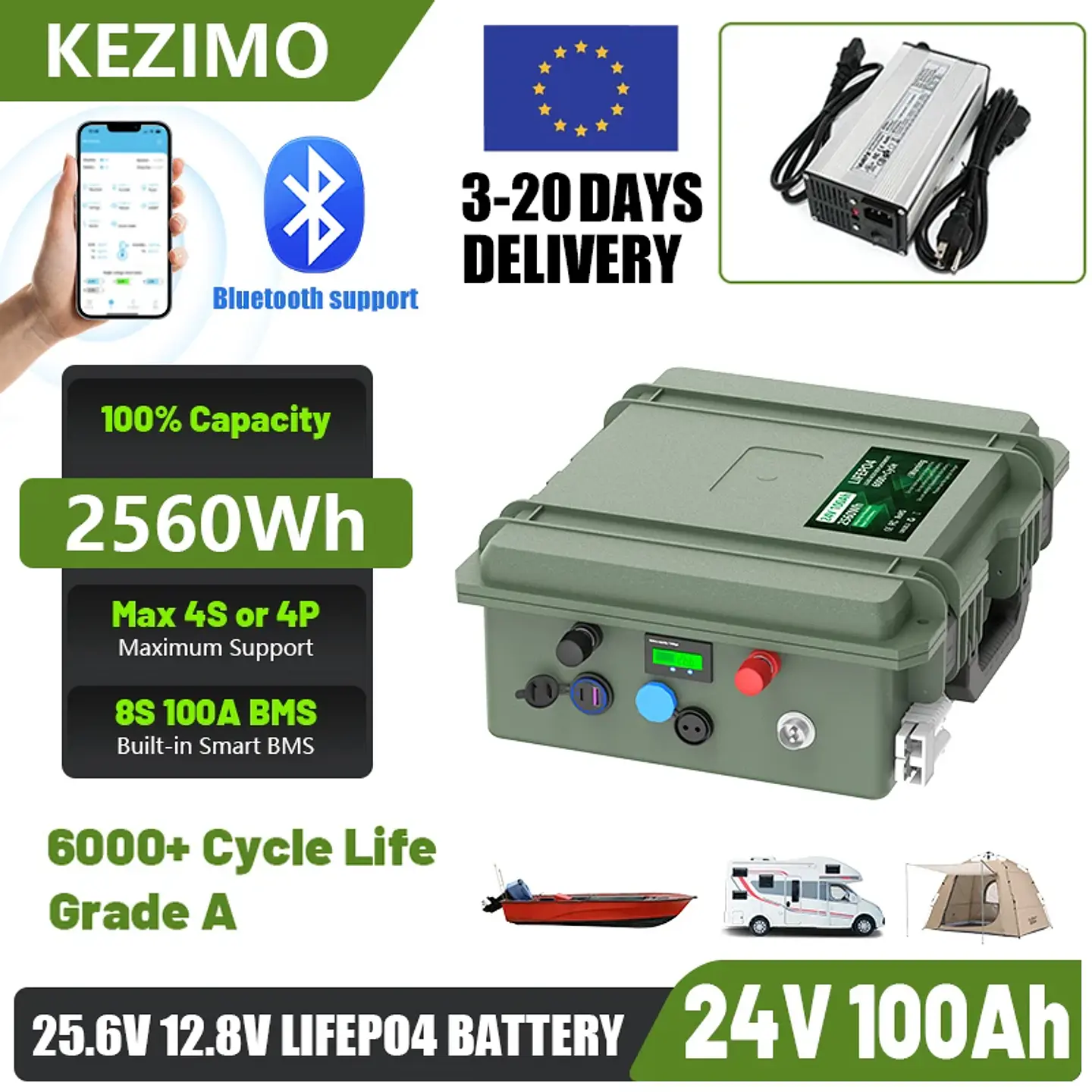 24V 12V 100Ah LiFePO4 Battery 2560Wh 140Ah 200Ah Lithium Battery Grade A Bluetooth BMS 6000+ Cycles IP56 USB QC Charge EU Stock 1