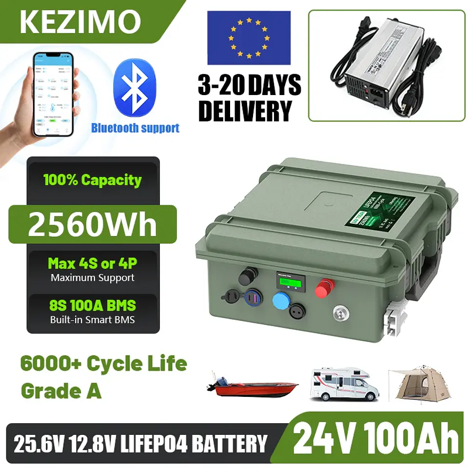 24V 12V 100Ah LiFePO4 Battery 2560Wh 140Ah 200Ah Lithium Battery Grade A Bluetooth BMS 6000+ Cycles IP56 USB QC Charge EU Stock 1