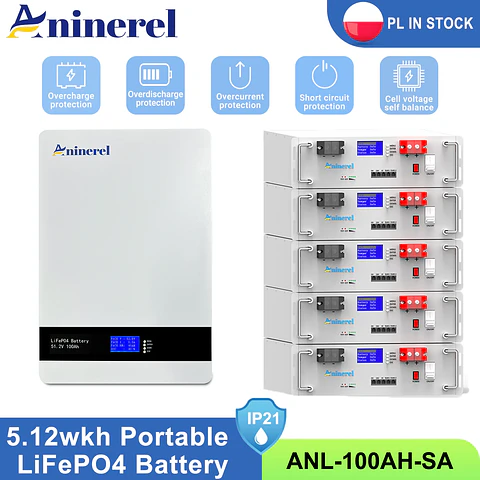 Aninerel 51.2V 5.12Kwh 100Ah LiFePO4 Battery Pack 6000 Cycles 51.2V BMS 100Ah Solar Energy Storage Lithium Battery PL EU STOCK