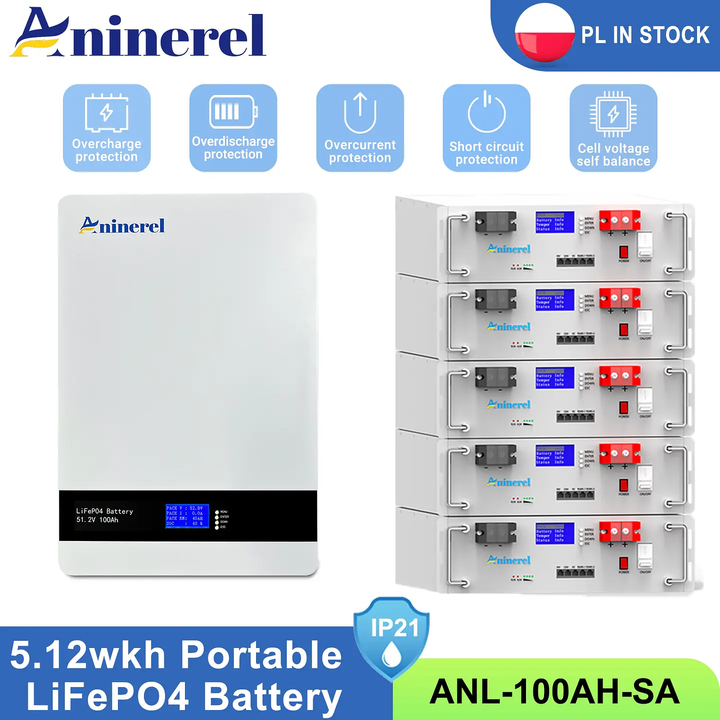 Aninerel 51.2V 5.12Kwh 100Ah LiFePO4 Battery Pack 6000 Cycles 51.2V BMS 100Ah Solar Energy Storage Lithium Battery PL EU STOCK 1
