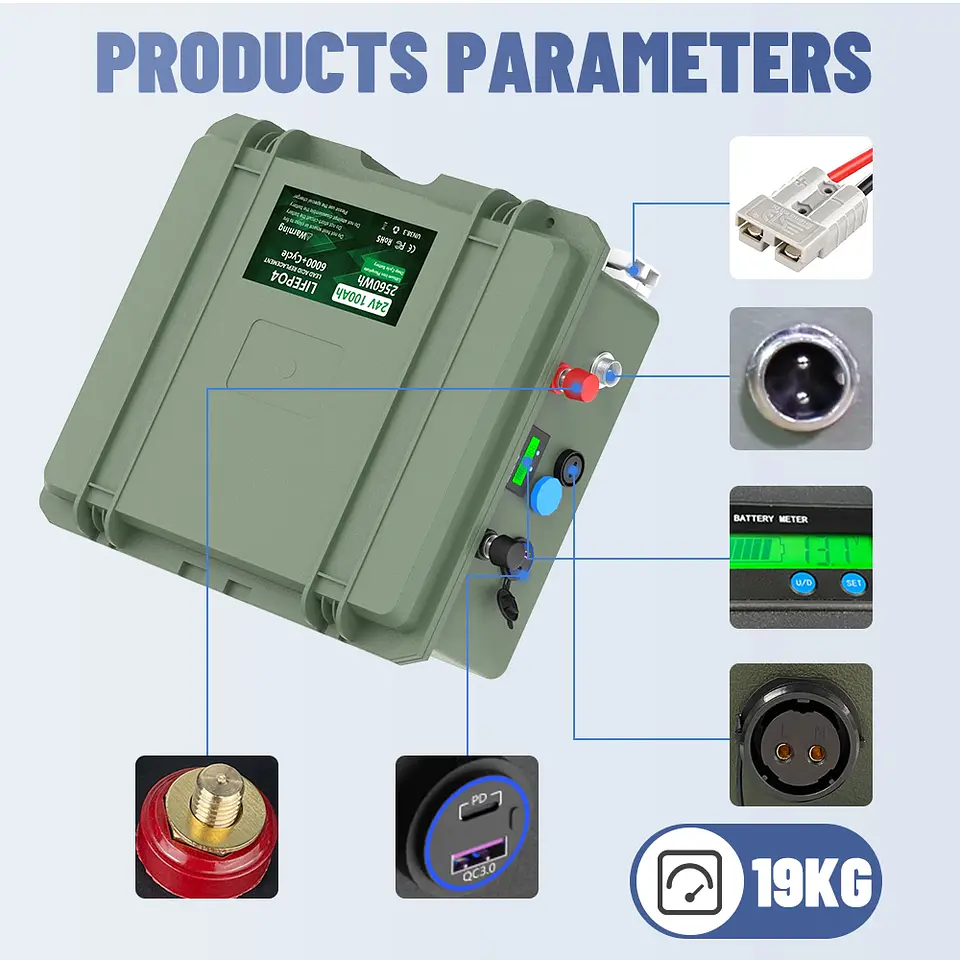 24V 12V 100Ah LiFePO4 Battery 2560Wh 140Ah 200Ah Lithium Battery Grade A Bluetooth BMS 6000+ Cycles IP56 USB QC Charge EU Stock 2