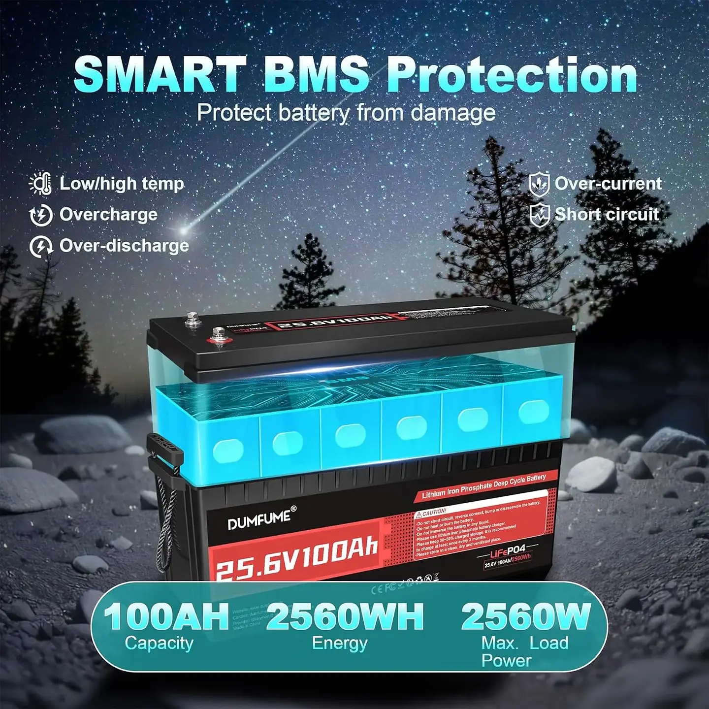 24V 100Ah LiFePO4 Battery, Built-in 100A BMS 24V Lithium Battery, Low Temperature Protection,2560W Power Output, Up to, Custom 2