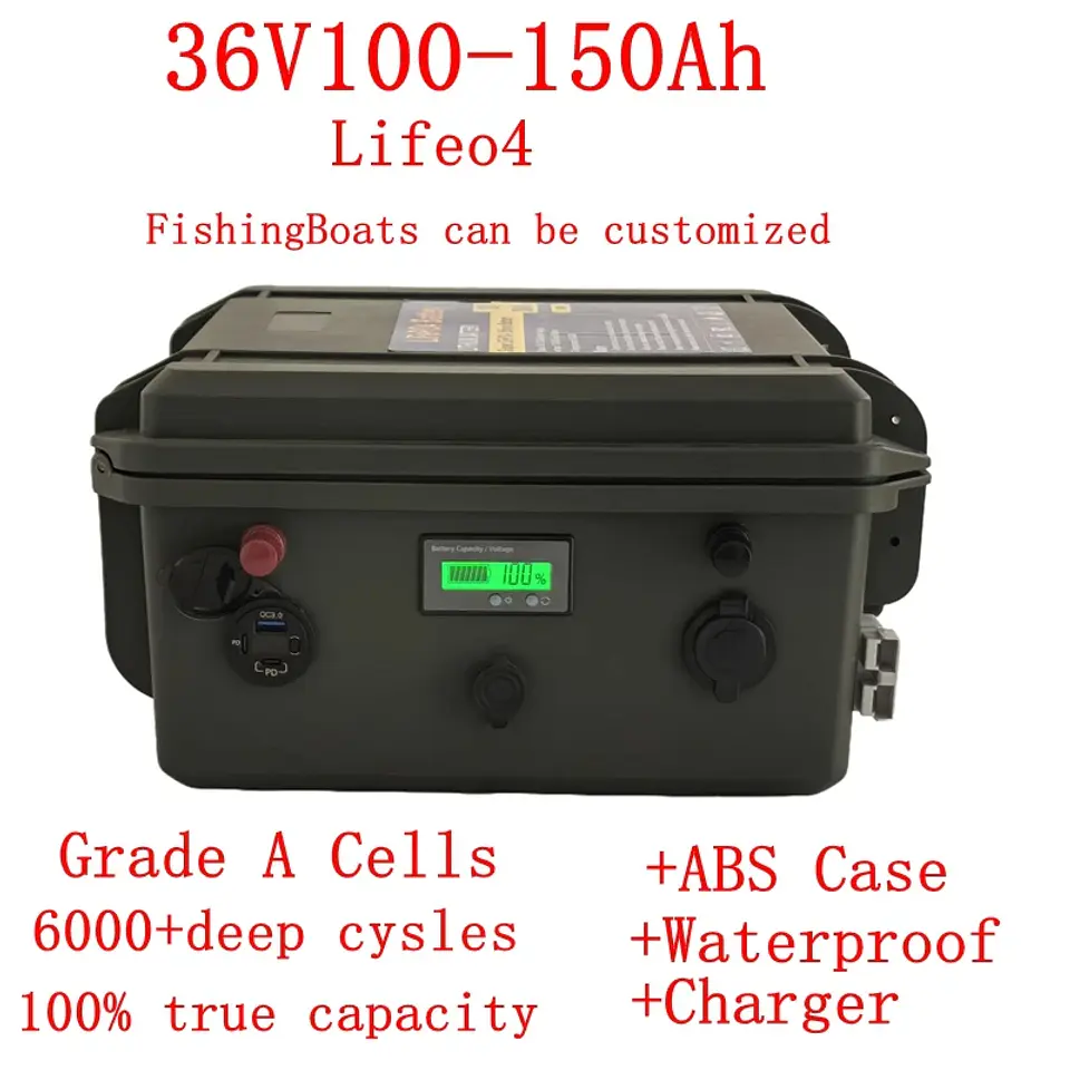 Waterproof 36V 150Ah 100Ah 120Ah LiFepo4 lithium battery pack with BMS for fishing boats solar system motor EV RV+10A charger 1