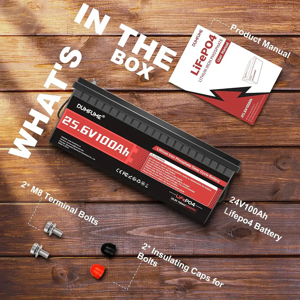 24V 100Ah LiFePO4 Battery, Built-in 100A BMS 24V Lithium Battery, Low Temperature Protection,2560W Power Output, Up to, Custom 5