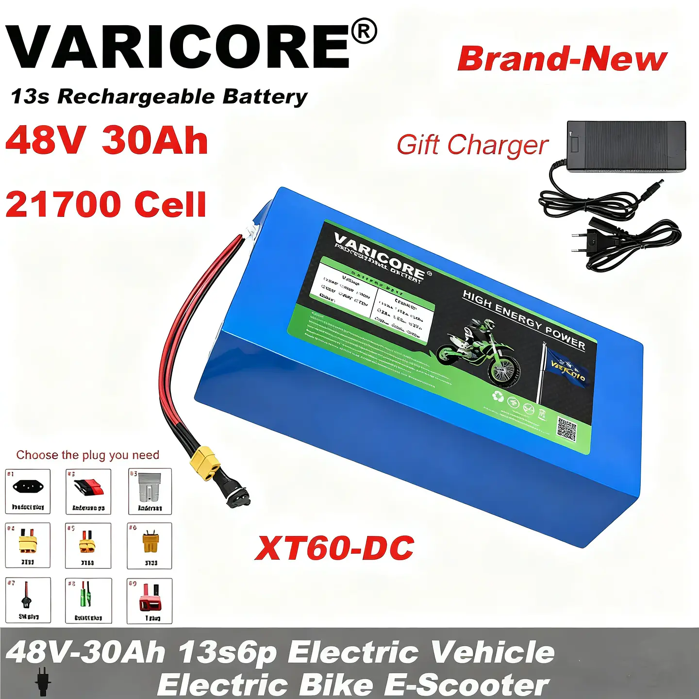 VariCore 48V 30Ah 13S6P 21700 Lithium Battery Pack with Built-in BMS Protection 1200W 1440W including 54.6V 2A Charger 2