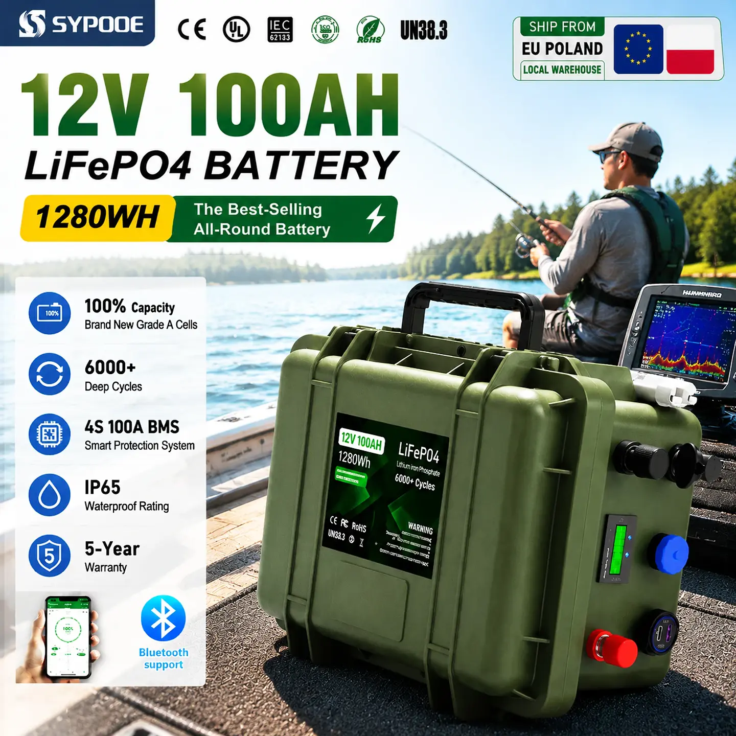 LiFePO4 Battery 12V 100Ah 150Ah 200Ah Bluetooth BMS 6000 Cycles Waterproof Solar Lithium Battery Boat Fishing Trolling Motor 1