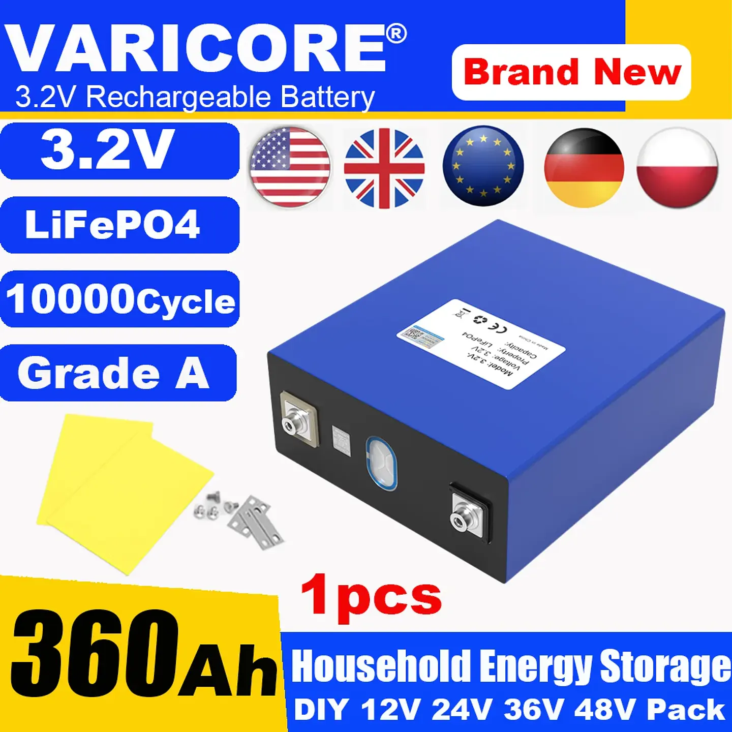 3.2V 360Ah LiFePO4 Rechargeable Battery for 12V 24V Travel Solar Campers Golf Carts Yachts - Lithium Iron Phosphate Tax-Free 7