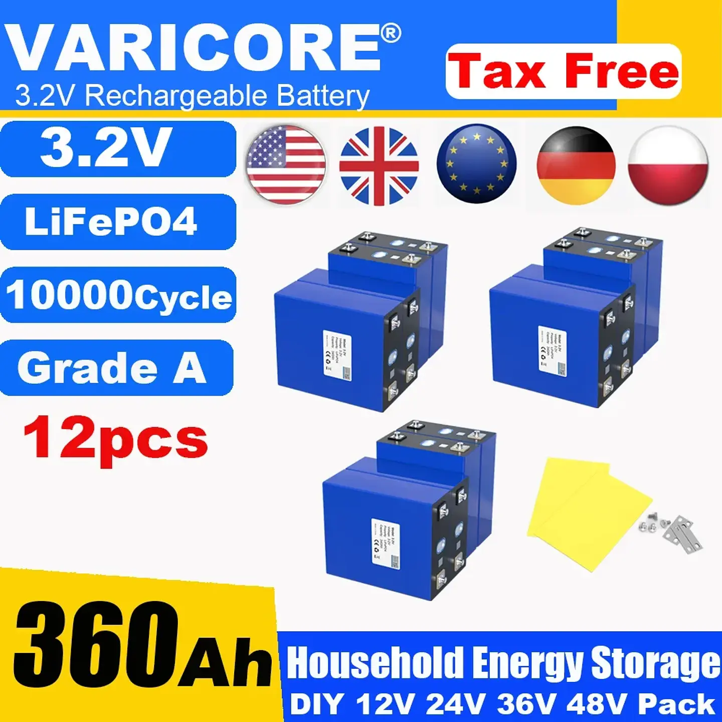 3.2V 360Ah LiFePO4 Rechargeable Battery for 12V 24V Travel Solar Campers Golf Carts Yachts - Lithium Iron Phosphate Tax-Free 9