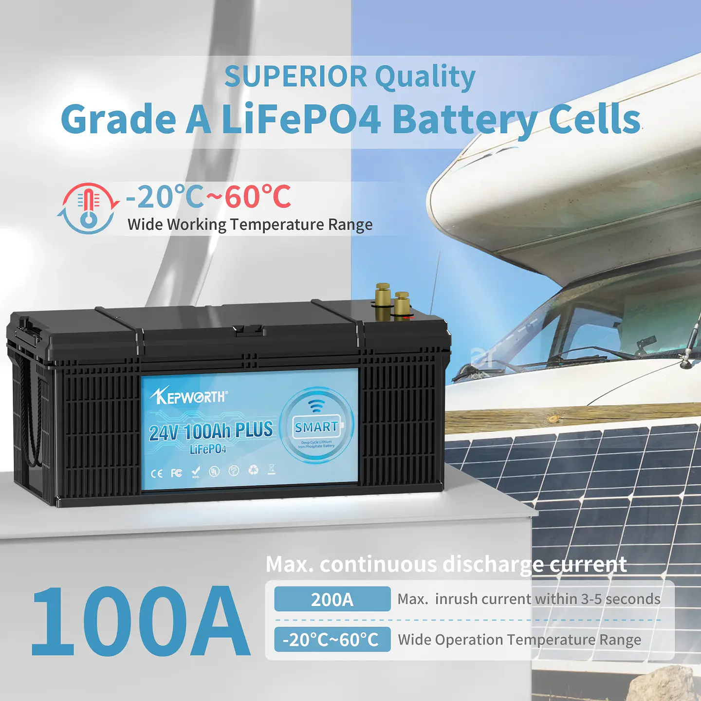 KEPWORTH 24V 100Ah LiFePO4 Battery Built-in Bluetooth BMS 2560WH Perfect for RV Solar Marine Overland Off-Grid Application 2