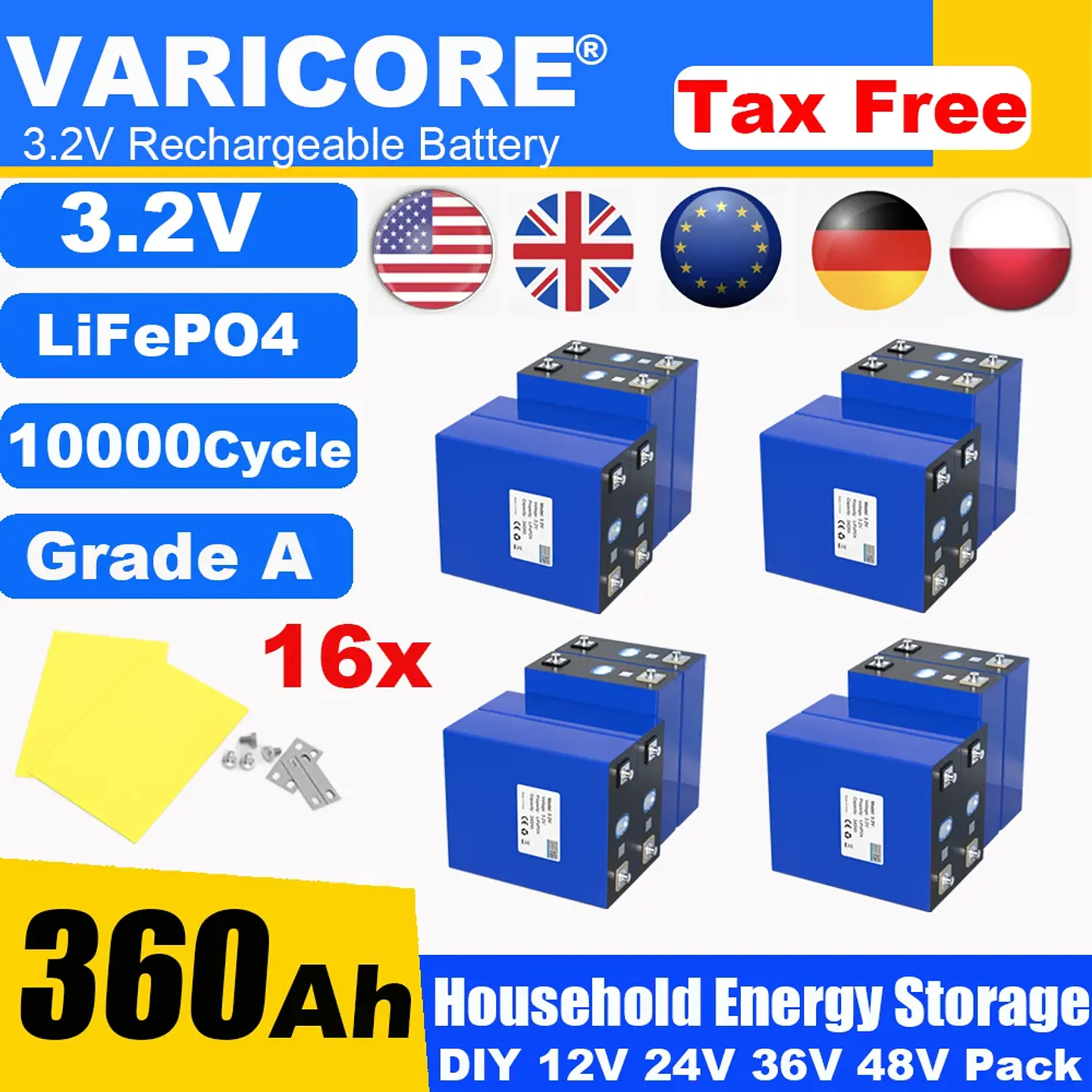 3.2V 360Ah LiFePO4 Rechargeable Battery for 12V 24V Travel Solar Campers Golf Carts Yachts - Lithium Iron Phosphate Tax-Free 10