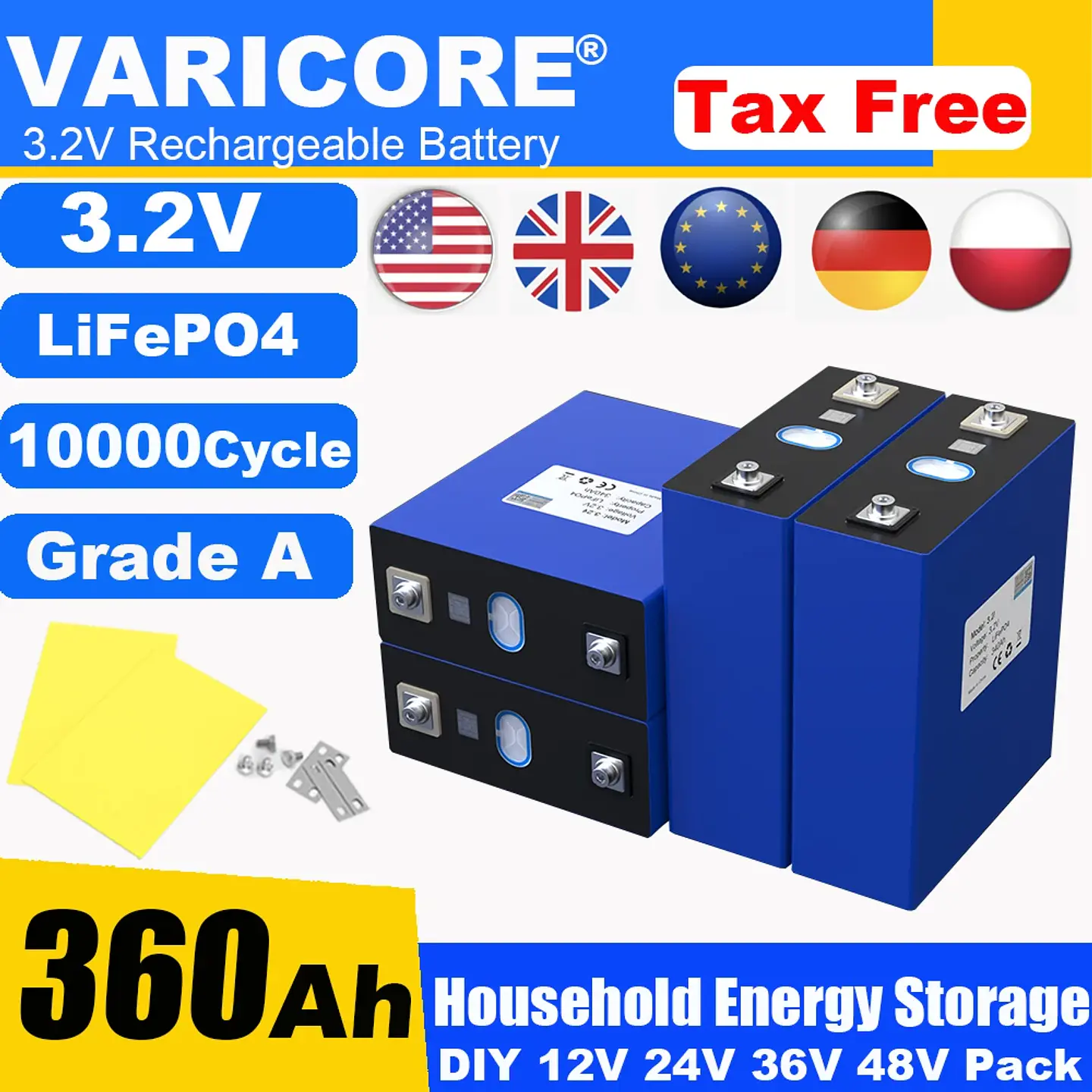 3.2V 360Ah LiFePO4 Rechargeable Battery for 12V 24V Travel Solar Campers Golf Carts Yachts - Lithium Iron Phosphate Tax-Free 11