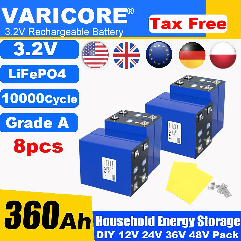 3.2V 360Ah LiFePO4 Rechargeable Battery for 12V 24V Travel Solar Campers Golf Carts Yachts - Lithium Iron Phosphate Tax-Free 12