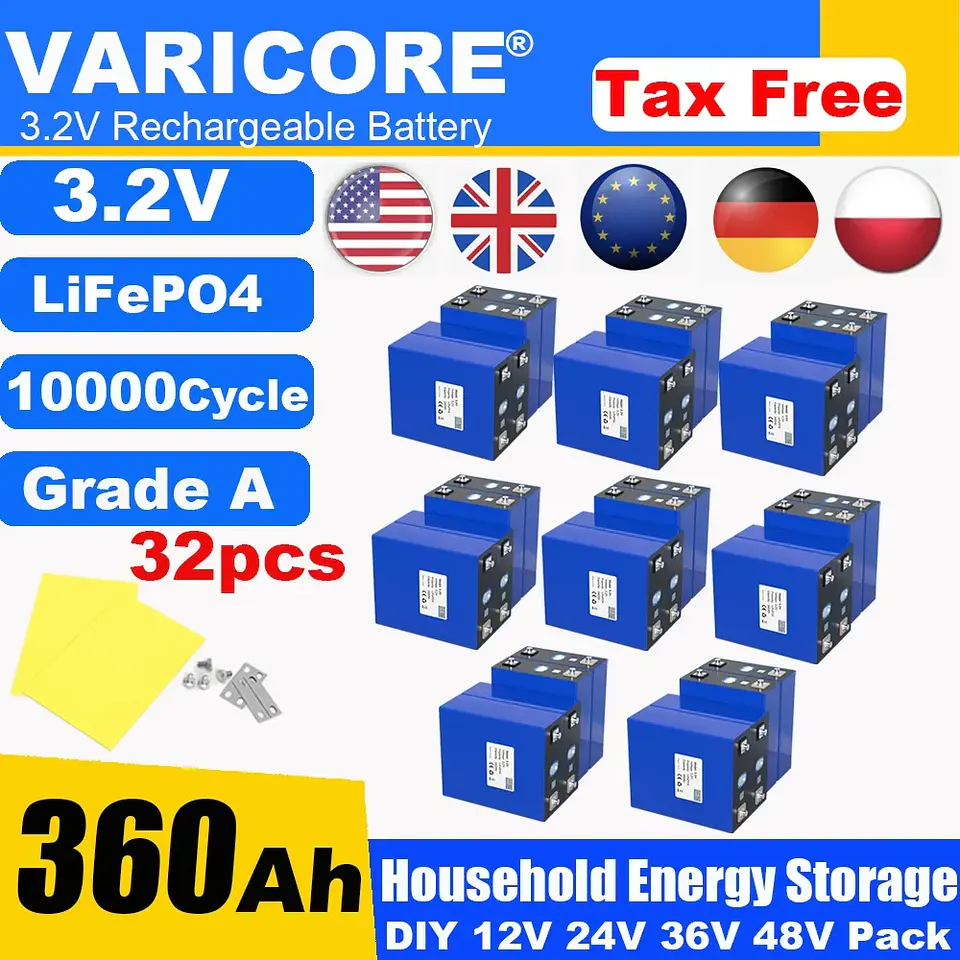 3.2V 360Ah LiFePO4 Rechargeable Battery for 12V 24V Travel Solar Campers Golf Carts Yachts - Lithium Iron Phosphate Tax-Free 13