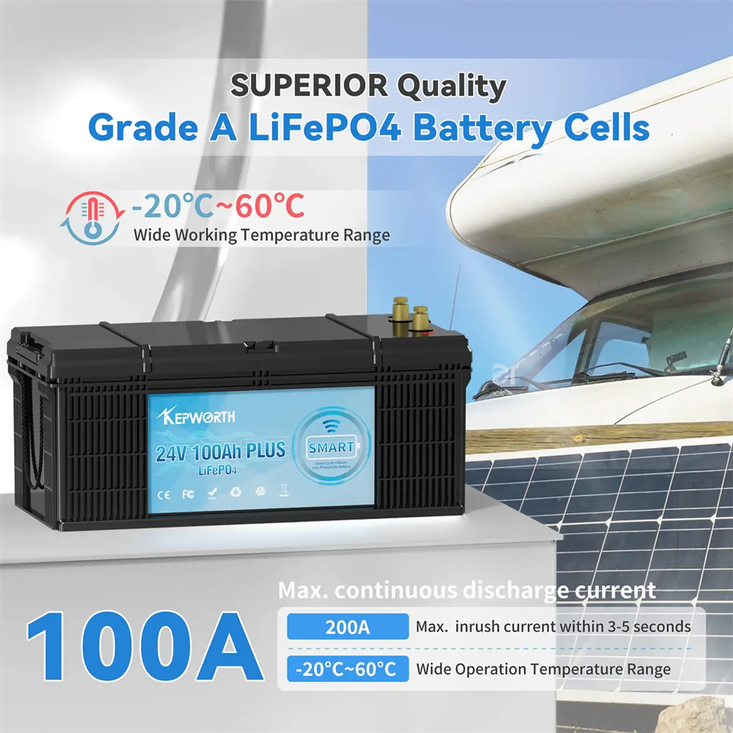 KEPWORTH 24V 100Ah LiFePO4 Battery Built-in Bluetooth BMS 2560WH Perfect for RV Solar Marine Overland Off-Grid Application 5