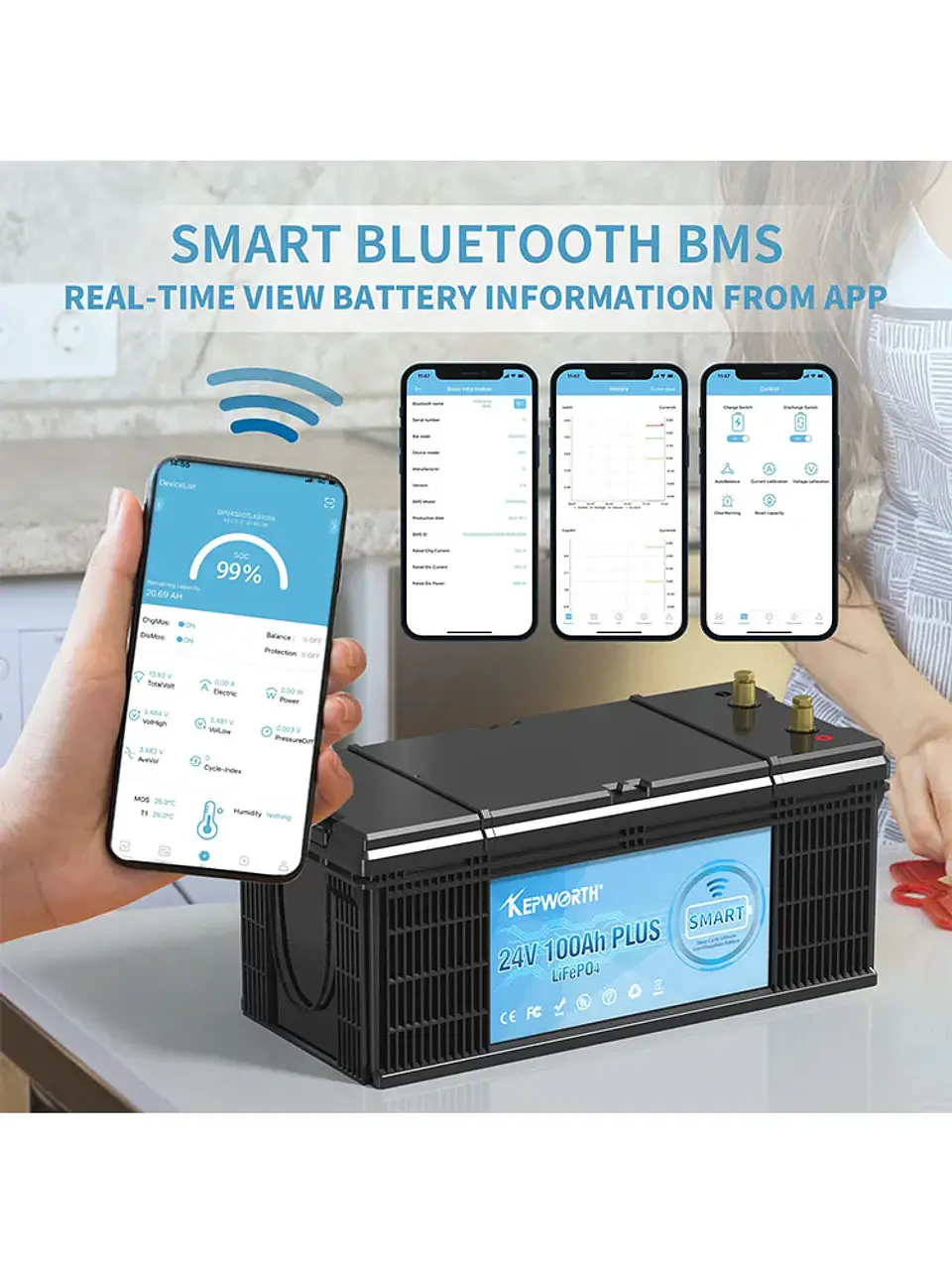 KEPWORTH 24V 100Ah LiFePO4 Battery Built-in Bluetooth BMS 2560WH Perfect for RV Solar Marine Overland Off-Grid Application 7