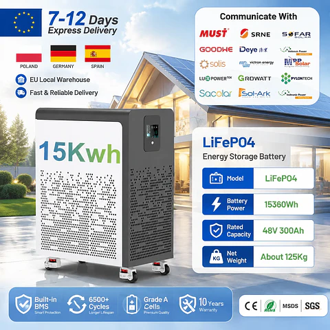 LiFePO4 48V 300Ah 15Kwh Battery Akku 6000 Cycles With Wheels 51.2V BMS 100Ah 600Ah Solar Energy Storage Lithium Battery EU STOCK
